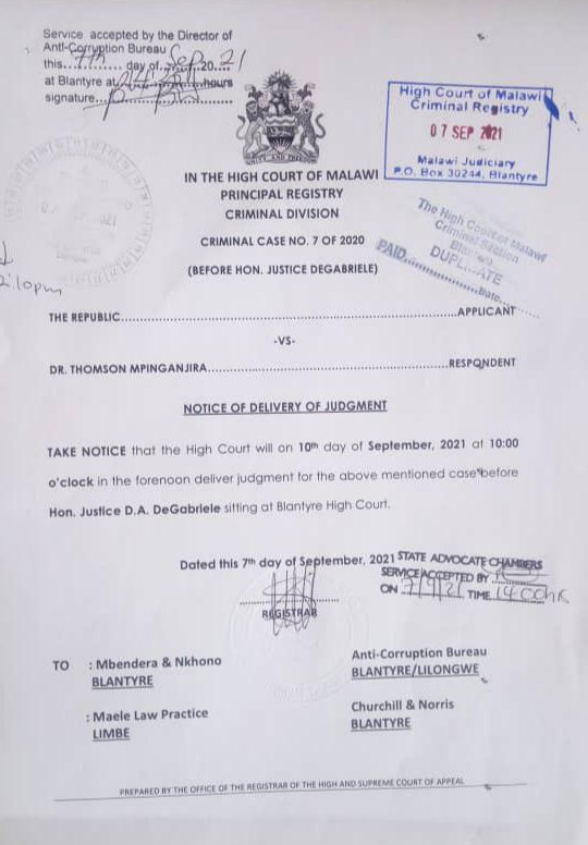 JUDGEMENT DAY: All Set for Thom Mpinganjira’s Ruling this Friday