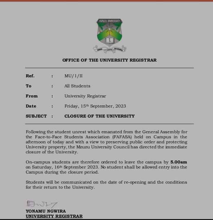 Mzuzu University Closed Over Fees Must Fall….MUBAS, UNIMA up next