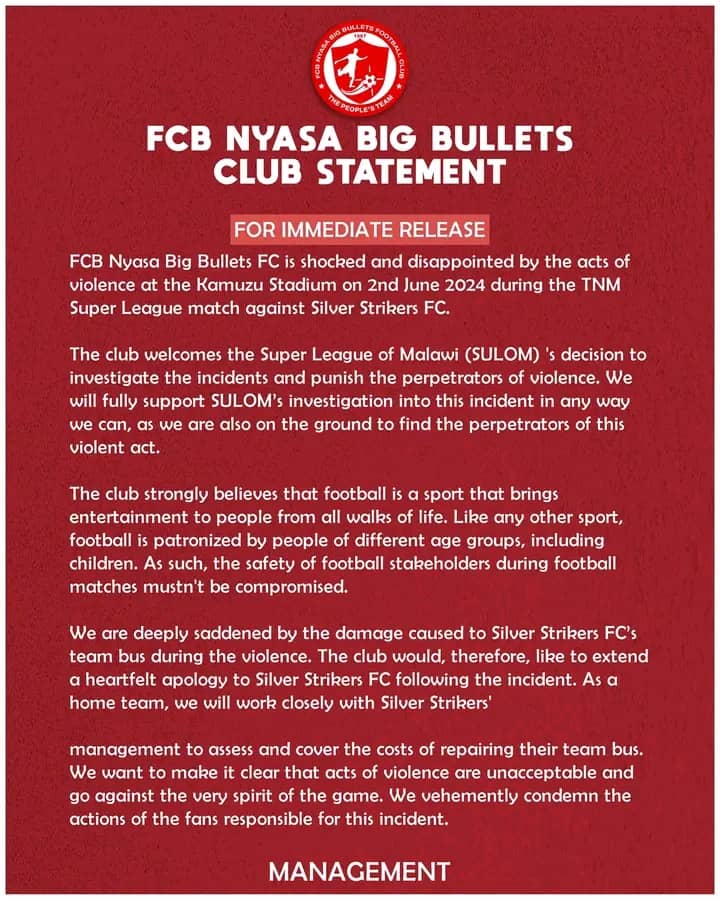 FCB Nyasa Big Bullets strike back at unruly supporters